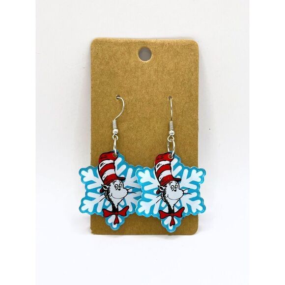 Dr. Seuss Cat in the Hat Winter Dangle/Drop Earrings Blue/White Snowflake 1.5" - Picture 1 of 3